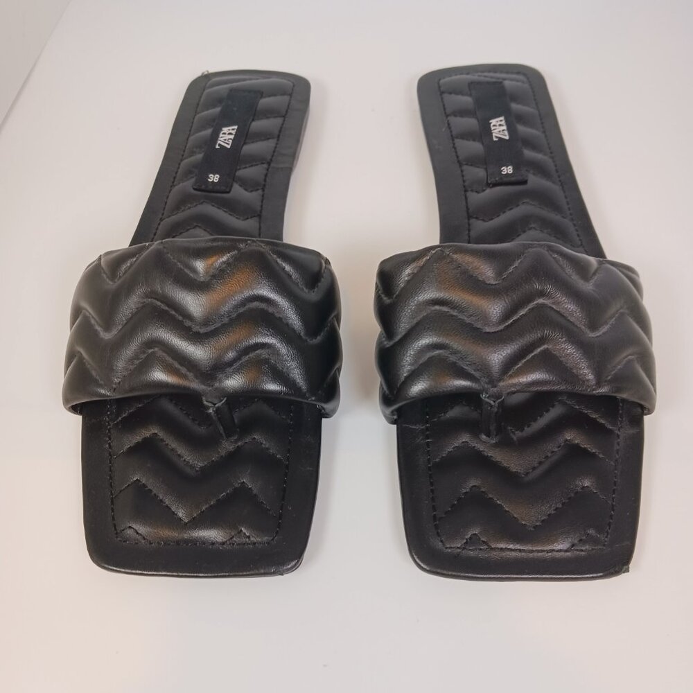 Zara Black Quilted Square Toe Sandals Slides Size 38